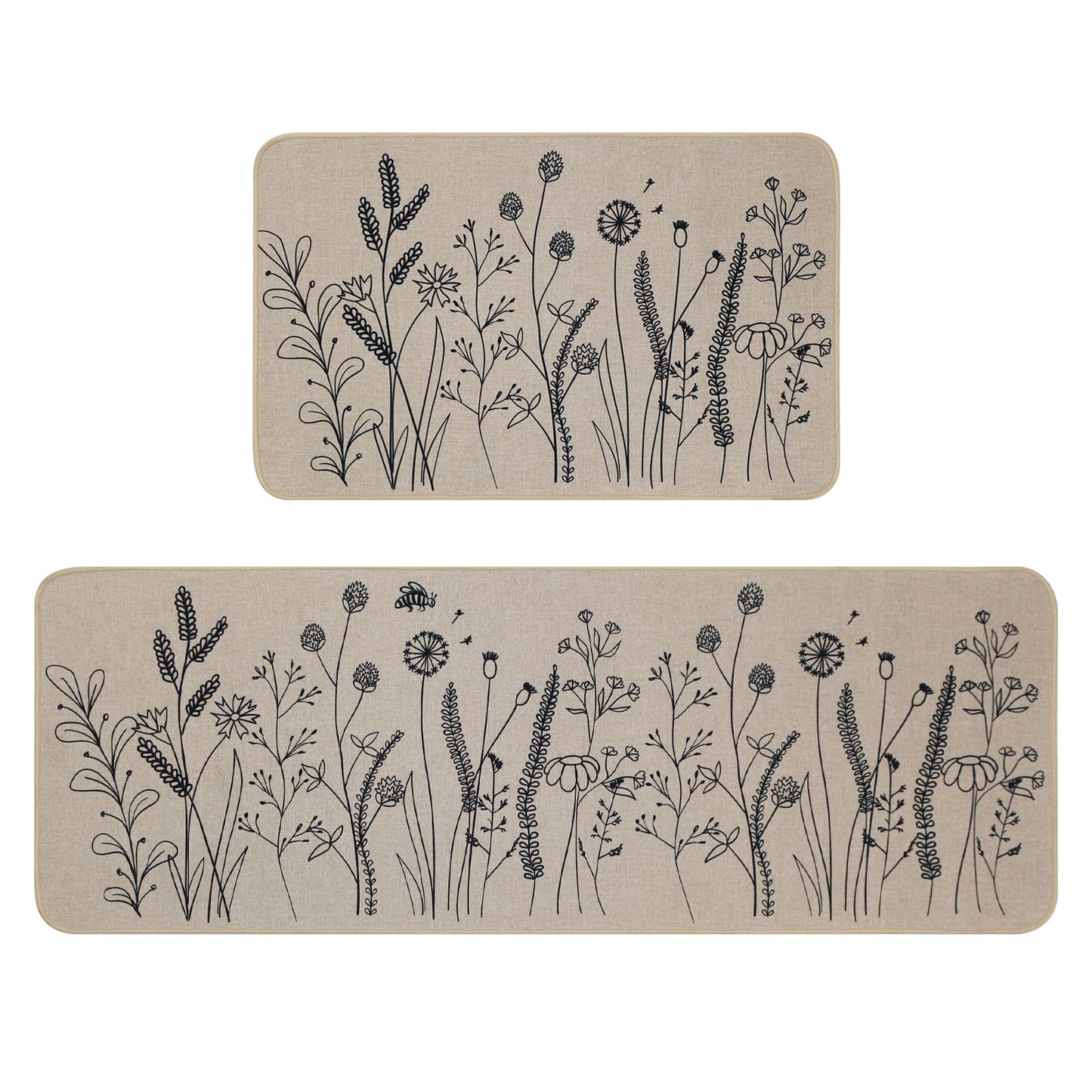 Mirok Kitchen Mats for Floor 2 Piece,Floral Plants Bee Spring Kitchen Rugs Sets of 2,Non Slip Kitchen Rug for Floor (Flowers/Grass Beige,17"x29"+17"x47")
