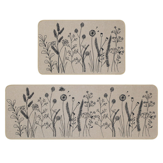 Mirok Kitchen Mats for Floor 2 Piece,Floral Plants Bee Spring Kitchen Rugs Sets of 2,Non Slip Kitchen Rug for Floor (Flowers/Grass Beige,17"x29"+17"x47")