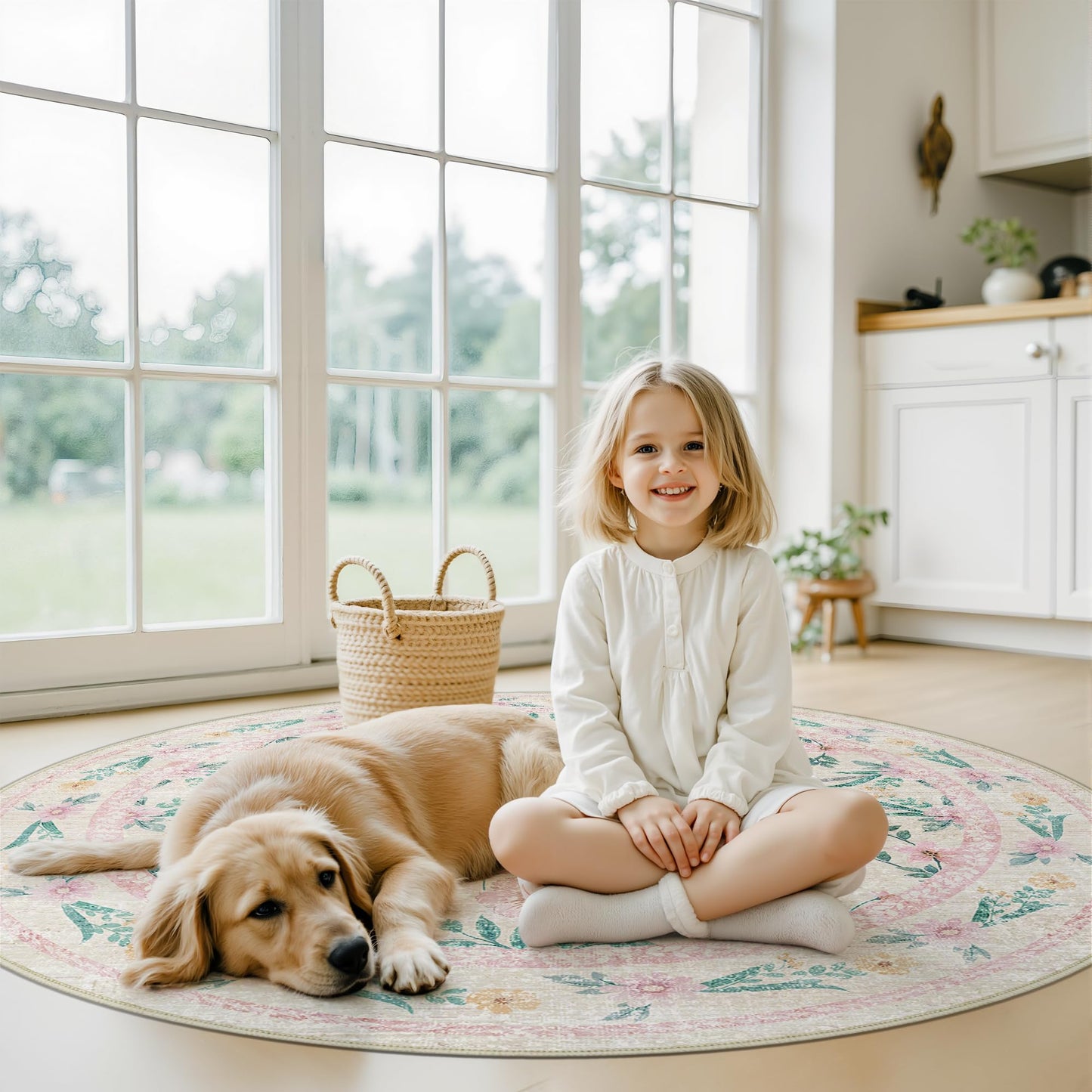 Dadasgk Pink Floral Round Rug 6ft, Washable Boho Circle Area Rug for Girls Bedroom or Living Room, Soft Non-Slip Botanical Carpet for Nursery or Kids Room, French Flower Design Home Décor Rug