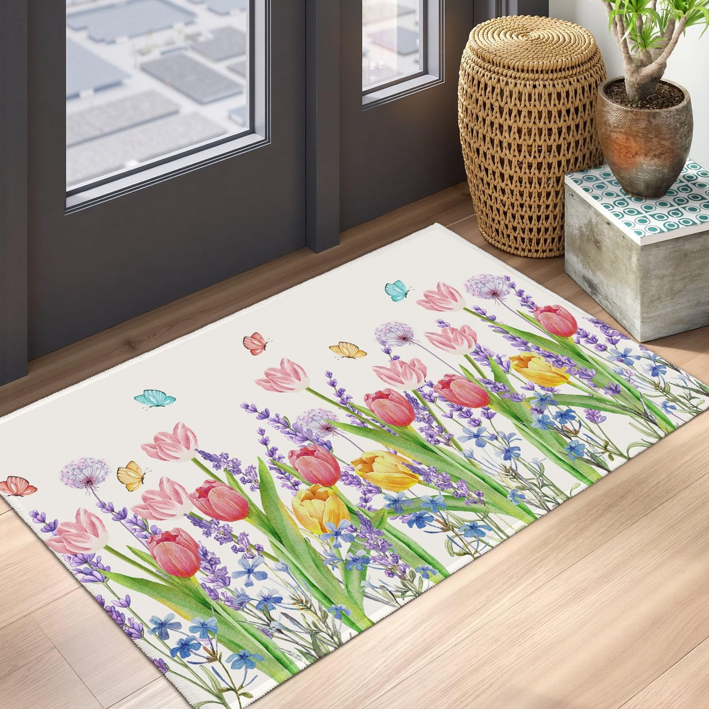 Cryomitron Spring Summer Tulip Outdoor Rug 2x3 Pink Tulip Flowers Lavender Dandelion Door Mat Indoor Entrance Non Slip Soft Low Pile Washable Throw Rugs for Living Room Bedroom Holiday Decor