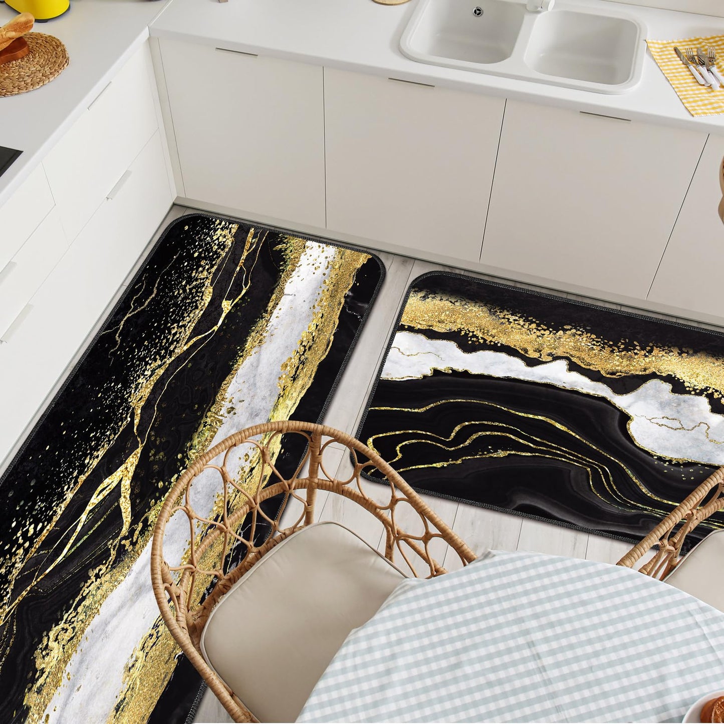 Bencailor Sets of 2 Marble Kitchen Rugs and Mats Black Gold Non Slip Kitchen Rugs Washable Door Mats for Home Floor Winter Bathroom Cabin Decor, 29 x 17 Inch and 47 x 17 Inch