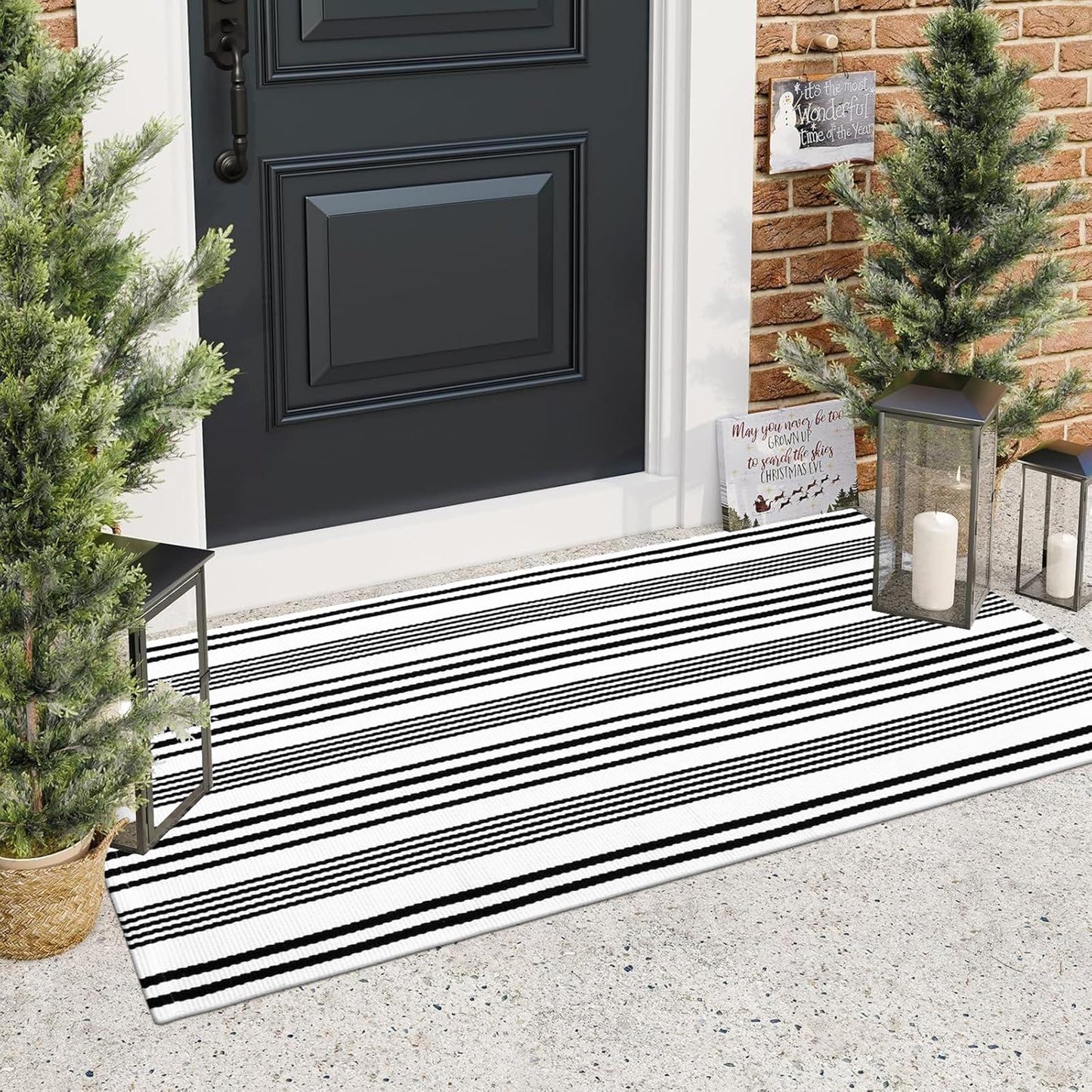 Black and White Striped Outdoor Rug, 2’ x 4.3’ Cotton Hand-Woven Reversible Front Porch Rug Washable Front Door Mat Entryway Rugs Welcome Layered Doormat Carpet for Patio Farmhouse Kitchen