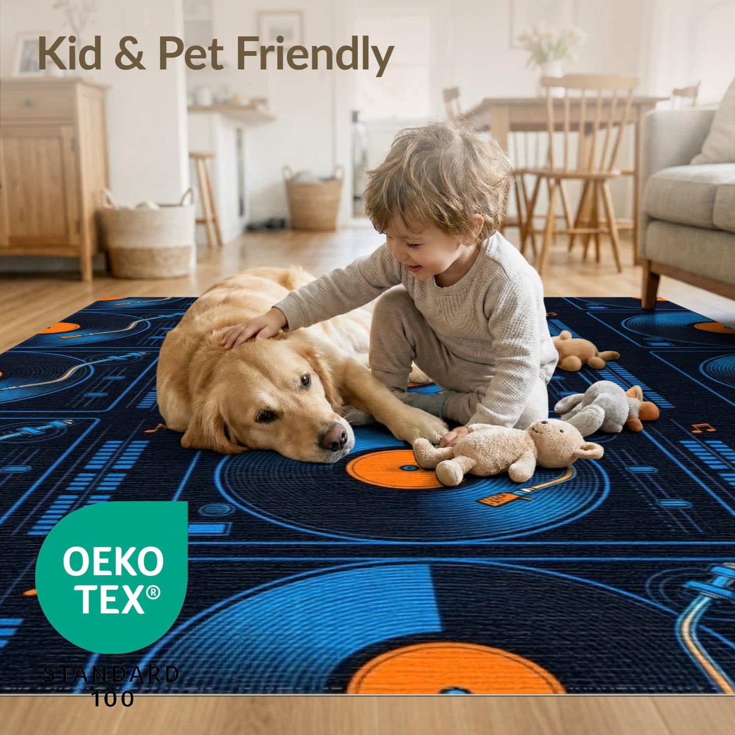 ODIKA 8'x10' Vinyl Record Retro Equalizer Bars Turntable Icons Grooves Disc Cd Refined Washable Area Rug Non-Slip Chair-Friendly for Dining Room, Large Office, Lounge