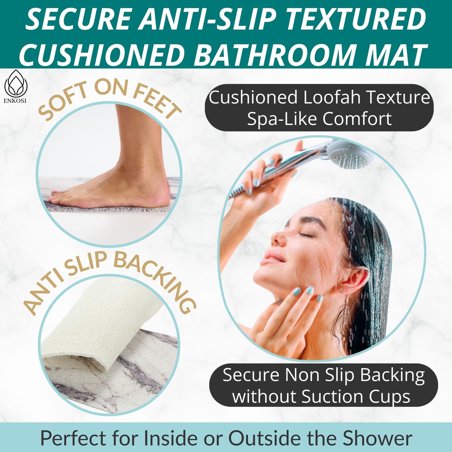 Enkosi Loofah Shower Mat with Drain Hole – Cushioned Anti-Slip Square Bath Mat for Showers, Wet Bathroom Floors – Textured PVC, Secure Non Slip Safety Pad for Walk-in Stalls (27x27 Marble Grey)