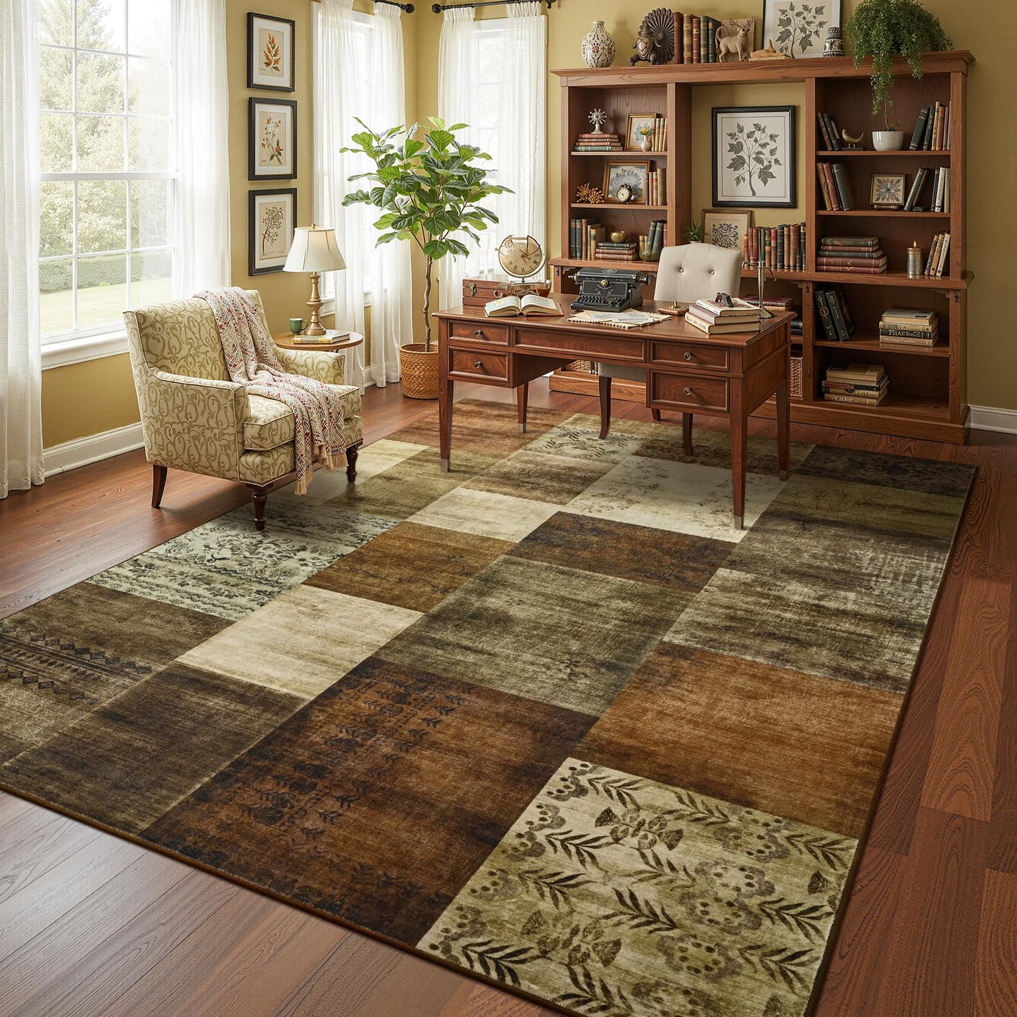 DweIke Washable Area Rugs 6x9 for Living Room, Large Modern Geometric Brown Soft Patchwork Carpet, Non-Slip Stain Resistant Throw Rug for Bedroom Dining Room Office Home Decor