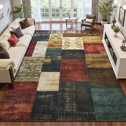 DweIke Washable Area Rugs 4x6 for Living Room, Modern Geometric Colorful Soft Patchwork Carpet, Non-Slip Stain Resistant Throw Rug for Bedroom Dining Room Office Home Decor