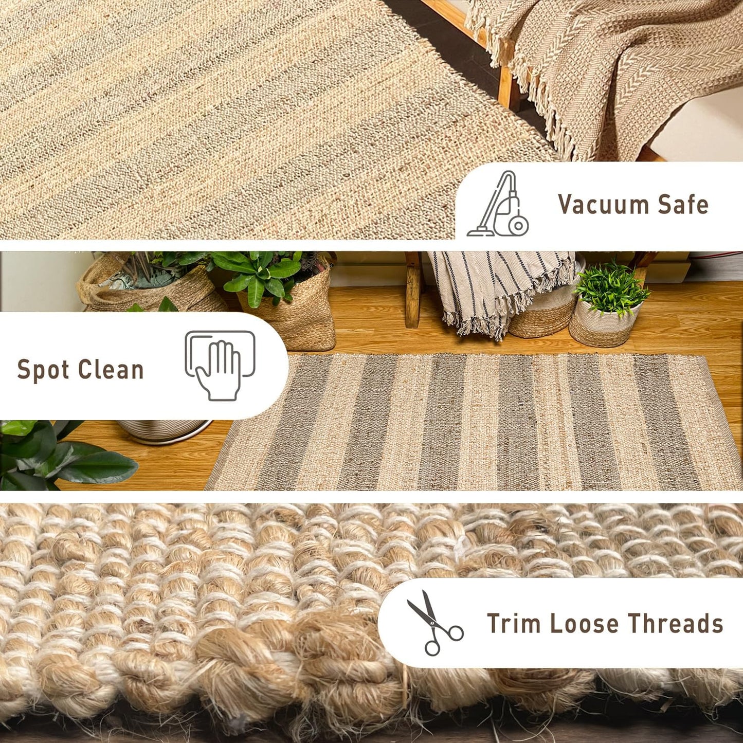 Chardin Home 5x7 Jute Cotton Hand Woven Area Rug, Natural Jute Braided Stripes Boho Farmhouse Rug,Rustic Vintage Reversible Natural Fiber Rug for Living Room, Bedroom, Dining Room, Office, or Entryway