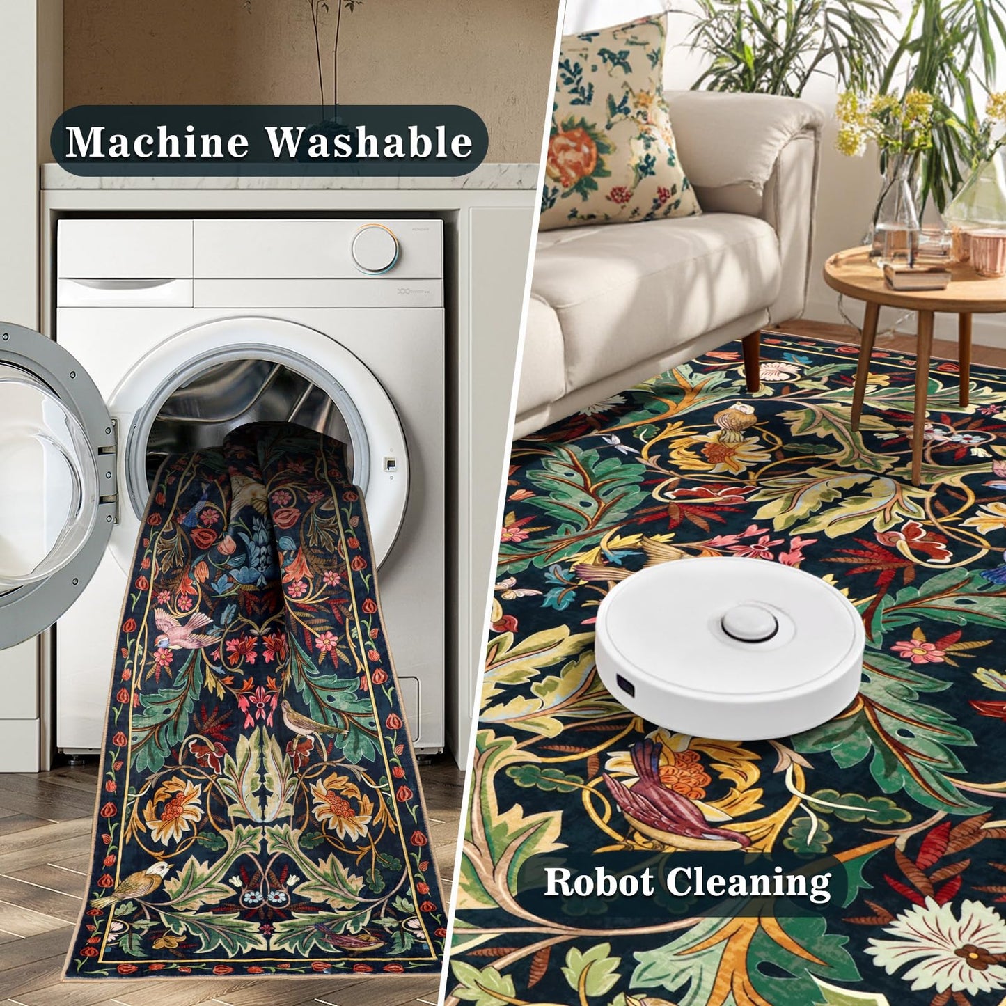 nesrt Botanical Runners for Hallways Kitchen Rug Non Slip 2x10, Long Washable Boho Jungle Runner Rugs, Soft Floral Forest Birds Carpet Runner for Hall, Laundry, Bedroom, Bathroom (Dark Green)