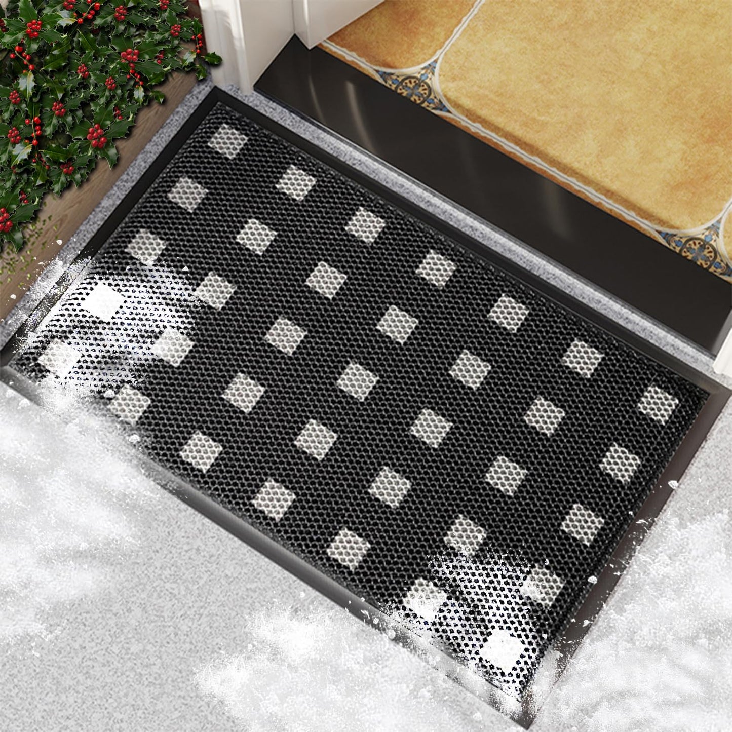 Tiamo Front Door Mat Outside Entrance,Large Rubber Welcome Mat,Non-Slip & Heavy Duty Doormat Entryway,Black and White,35.4"*23.6"