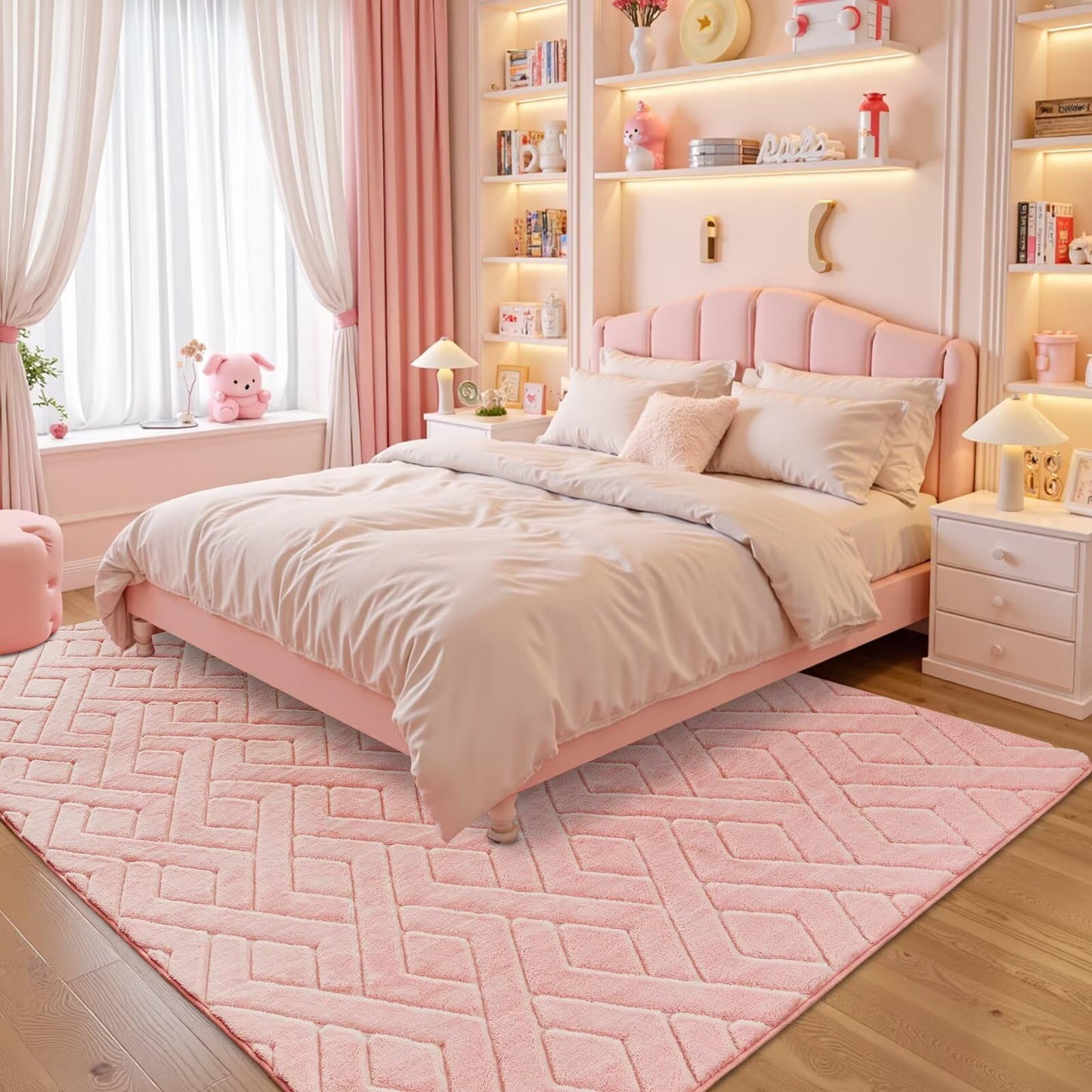 Flagover 5x7 Pink Washable Area Rug for Girls Bedroom Living Room, Modern Geometric Shag Non-Slip Rugs, Fluffy Plush Soft Memory Foam Carpet for Kids Room Nursery Decor