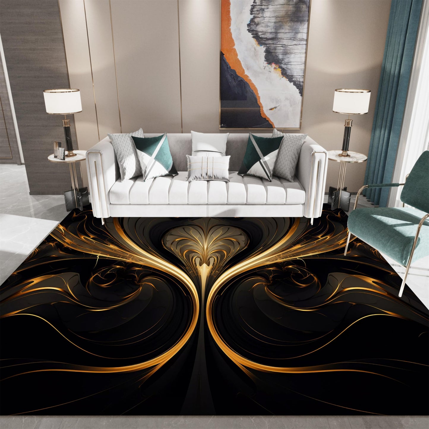 Black and Gold Ripple Rug, Gilt Heart, Soft Non-Shedding Washable Rugs with Non-Slip Backing, Low Pile Floor Mat Indoor Carpet 2x3ft