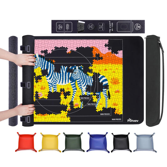 Pohxev Rubber Puzzle Mat Roll Up，Jigsaw Saver Pad Matt Rollup 46" x 26" Up to 1500 1000 500 Pieces, Upgraded Travel Storage Bag with 6 Sorting Trays Portable Keeper with Non-Slip Bottom.