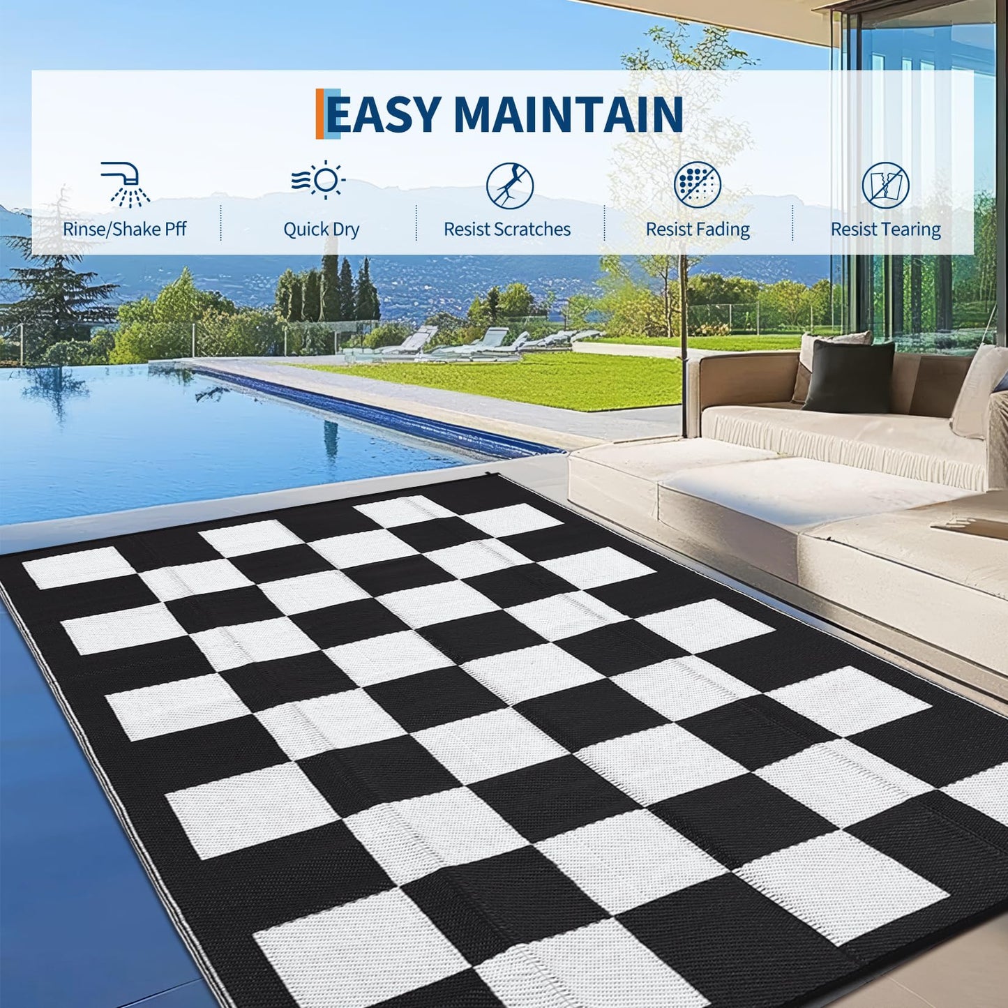 GarveeHome Outdoor Rug 8 x 10 Waterproof Checkboard Woven Carpet, Large Reversible Plastic Straw Rug, Foldable Modern Geometric Plaid Outside Camping Rug for Picnic, Backyard, Deck, Black White