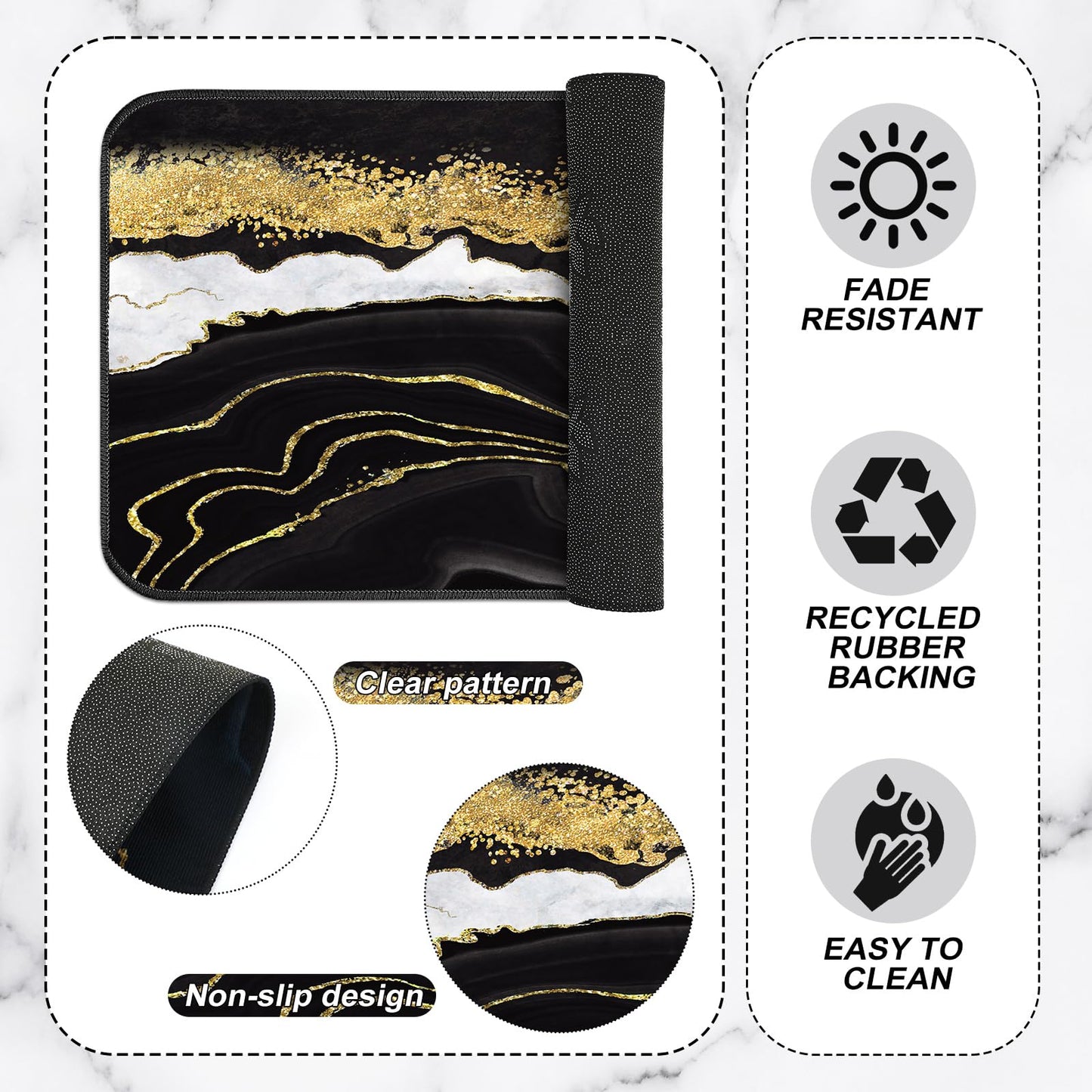 Bencailor Sets of 2 Marble Kitchen Rugs and Mats Black Gold Non Slip Kitchen Rugs Washable Door Mats for Home Floor Winter Bathroom Cabin Decor, 29 x 17 Inch and 47 x 17 Inch