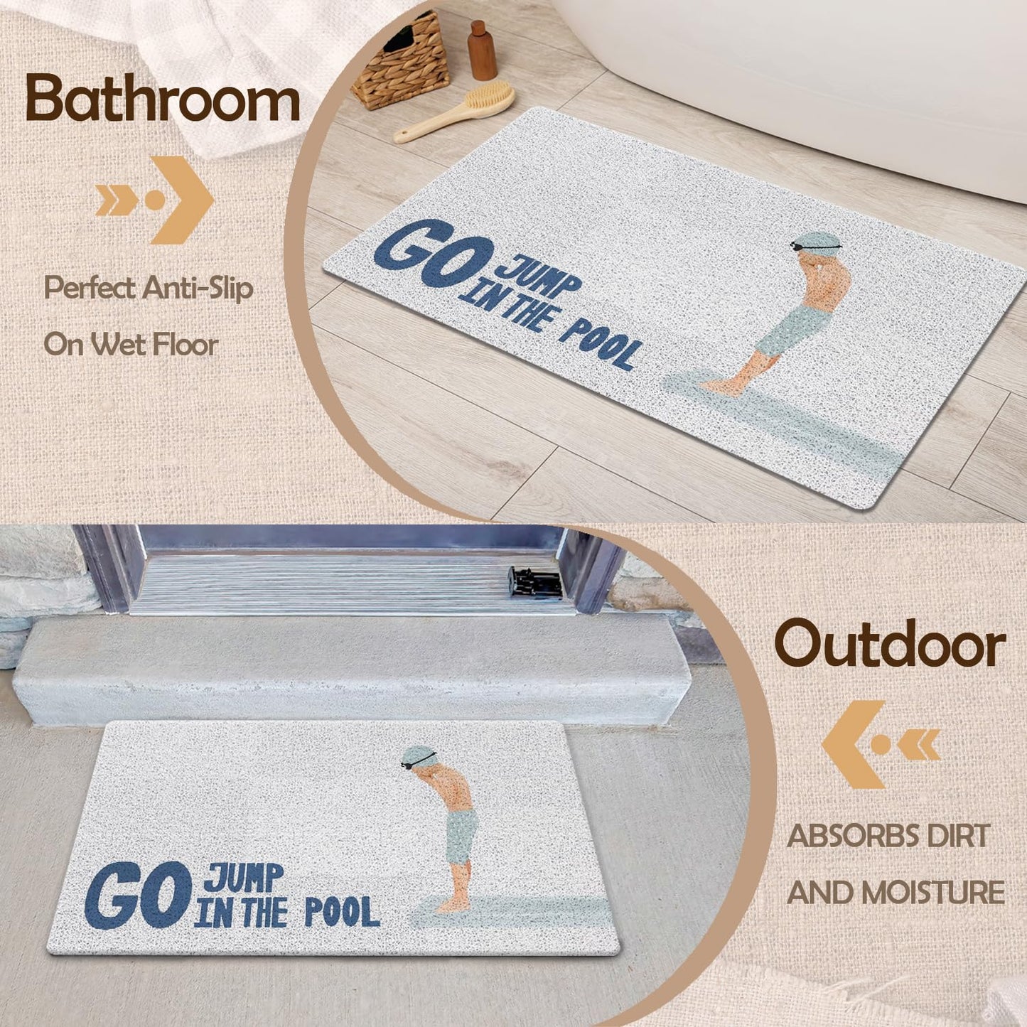 URLLUAE Coastal Beach Door Mat, Go Jump in The Pool Funny Blue Doormat Welcome Mats for Front Door Porch Outdoor Outside Entrance, Beach Bath Rug for Bathroom, 17x30 Inch