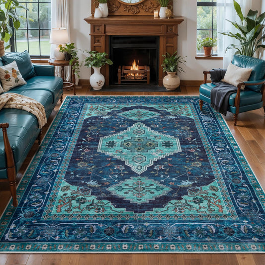 Tangsoo Teal Vintage 5X7 Washable Area Rug, Oriental Indoor Dining Room Rugs for Under Table, Non Slip Machine Washable Large Tumble Rug, Soft Low Pile Foldable Carpet for Bedroom Living Room