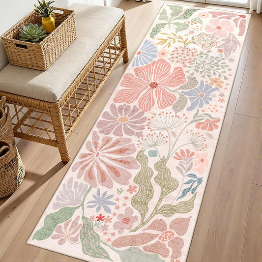MUJOO Pink Washable 2x6 Runner Rugs for Hallway Kitchen Bedside,Floral Long Area Rug for Bedroom Bathroom Laundry Room Floor Non Slip Carpet Throw Rug Boho Modern Abstract Botanical Flower