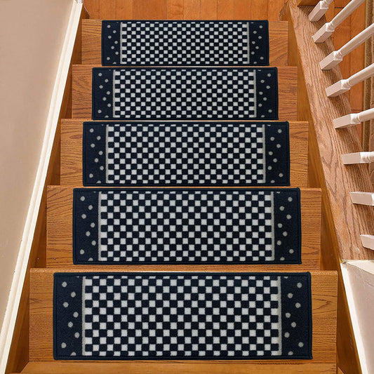 Stair Treads for Wooden Steps Indoor 8.5” x 26” Slip Resistant Machine Washable Staircase Carpet Mat, Safe for Elders, Kids and Pets Checkered Design Black and White Color, Set of 13