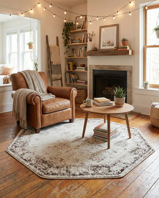 Rugs.com Monte Carlo Collection Rug – 5' Octagon Beige Medium Rug Perfect for Living Rooms, Kitchens, Entryways