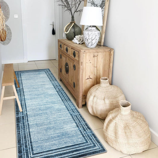 Lahome Modern Abstract Runner Rug, Washable Blue 2x6 Runners for Hallways Non Slip Bathroom Rug Runners, Low-Pile Soft Kitchen Runner Rubber Backed Carpet Runner for Bedroom Entryway