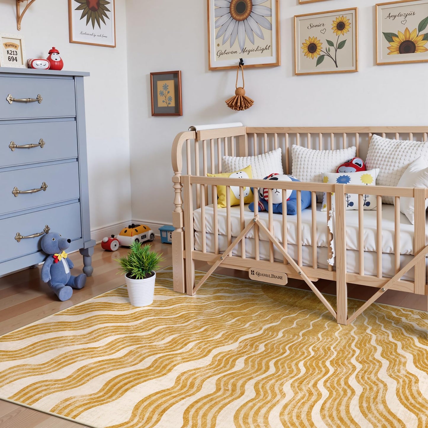 Hedlive Boho Washable Rugs 5x7, Sun Print Soft Nursery Rug for Bedroom Classroom, Ultra-Thin Non Slip Stain Resistant Kids Carpet for Living Room Office(5'x 7',Gold/Multi)