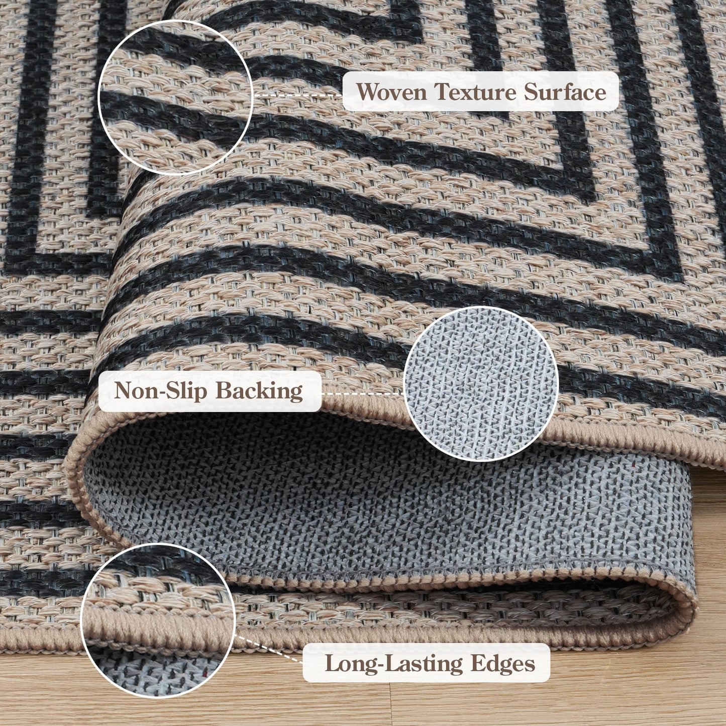 Collive 3x5 Easy Jute Outdoor Entryway Rug, Washable Modern Geometric Indoor Carpet Black Neutral Small Area Rugs, Non Slip Woven Kitchen Mats for Entrance Bedroom Kids Room Patio Decor