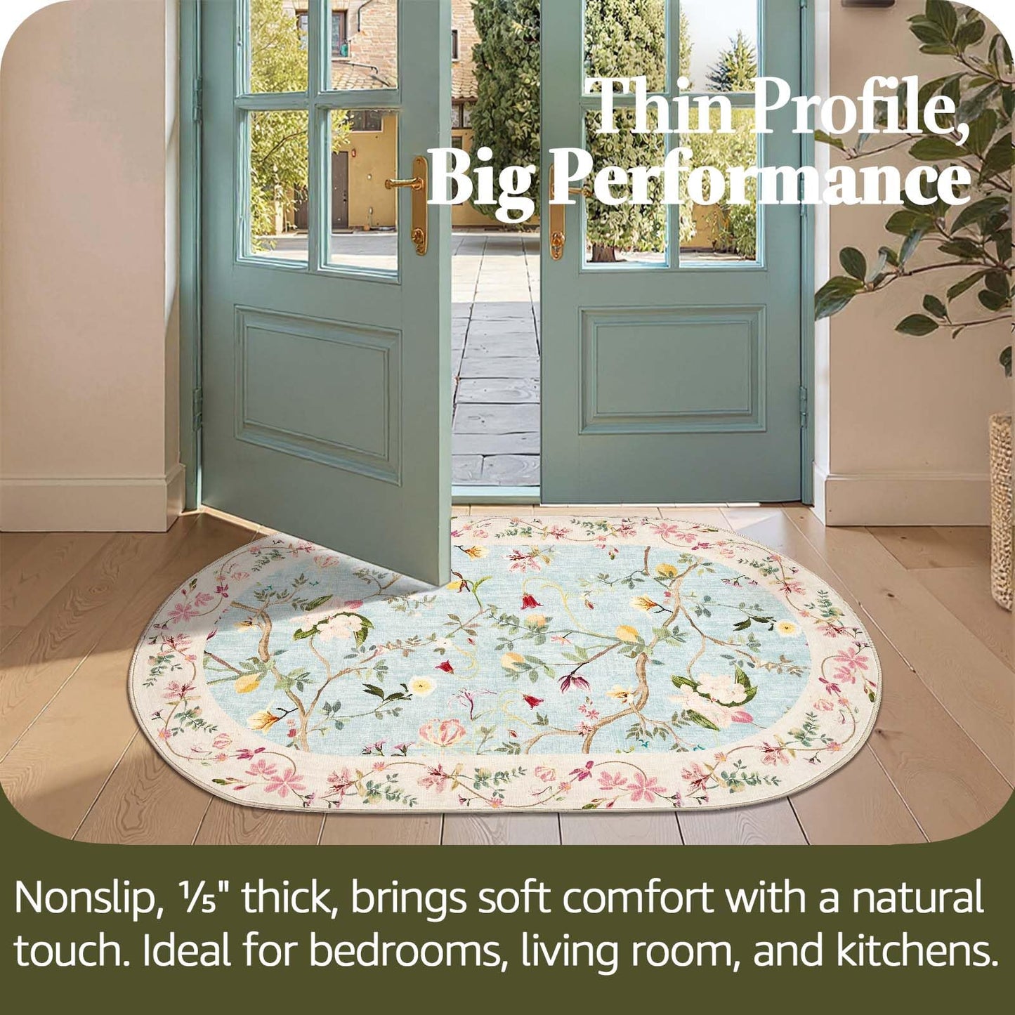 jinchan Floraison Floral 5x7 Oval Area Rug Washable Oriental Flower Design Non-Slip Lightweight Low-Pile Soft Chinoiserie Carpet for Living Room Bedroom Nursery Home Decor Blue/Pink