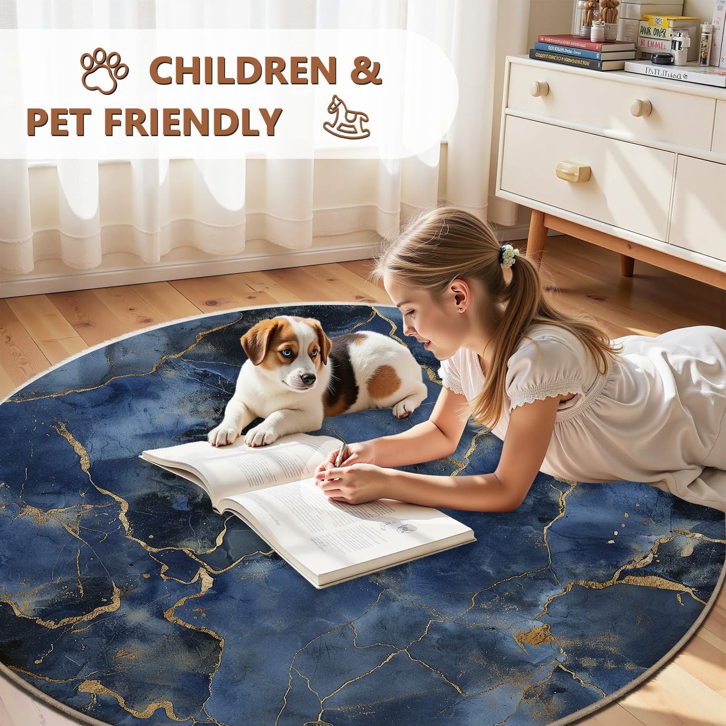 Modern Abstract Area Rug, 5ft Blue White Gold Marble Texture Carpet, So Flannel Washable Floor Rug with Non-Slip Backing for Living Room Bedroom Dining Room Contemporary Home Decor