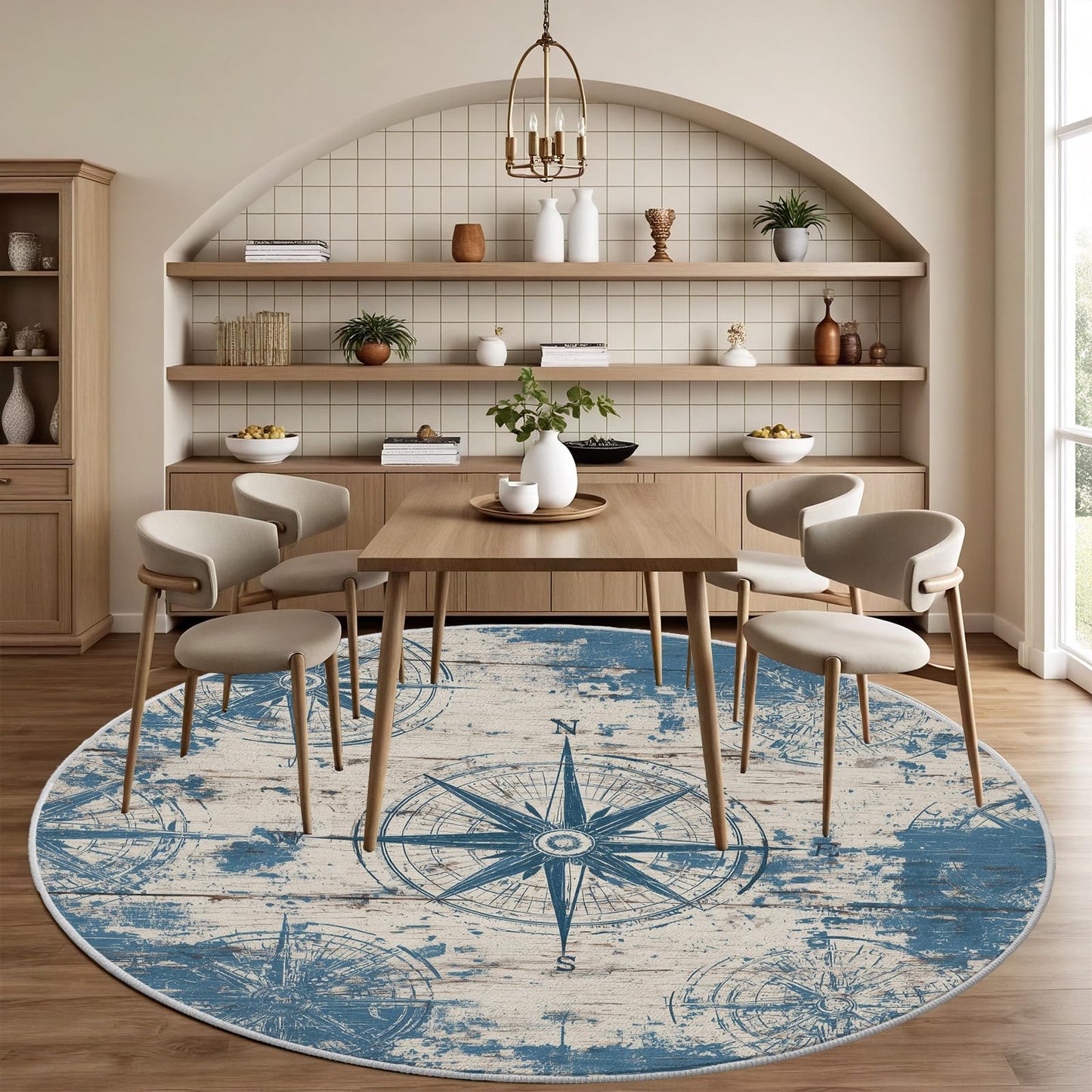Naval Compass (Blue) Round Rug 4 ft Round Washable Area Rug Indoor Floor Cover Shabby Chic Wooden Planks Circle Mat Round Rugs Non Slip Low Pile Carpet for Entryway Living Room Bedroom