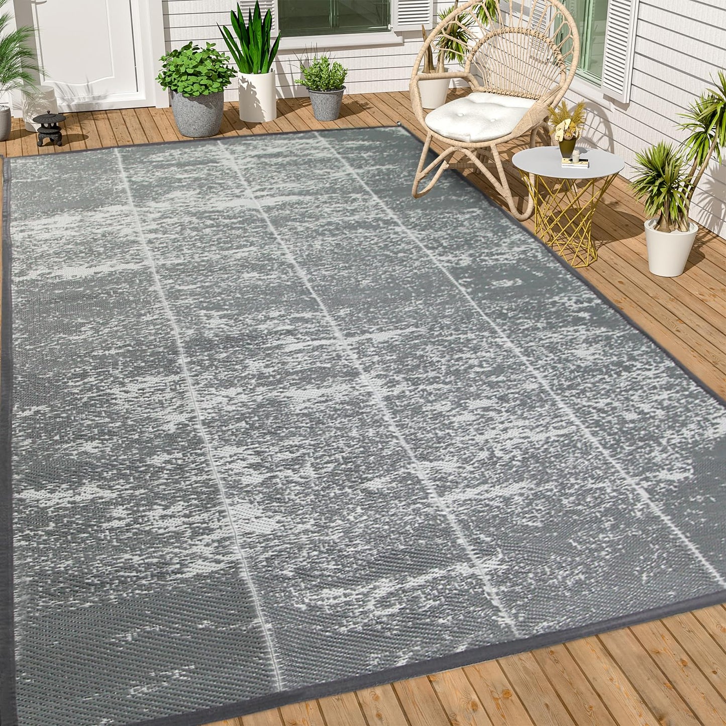 8'x 10' Outdoor Rug,Waterproof Reversible Patio Rugs,8x10 ft Plastic Straw Outdoor Carpet Foldable Plastic Camping Mat for Outside RV, Patio,Picnic,Camper,Balcony,Porch(Deep Gray)