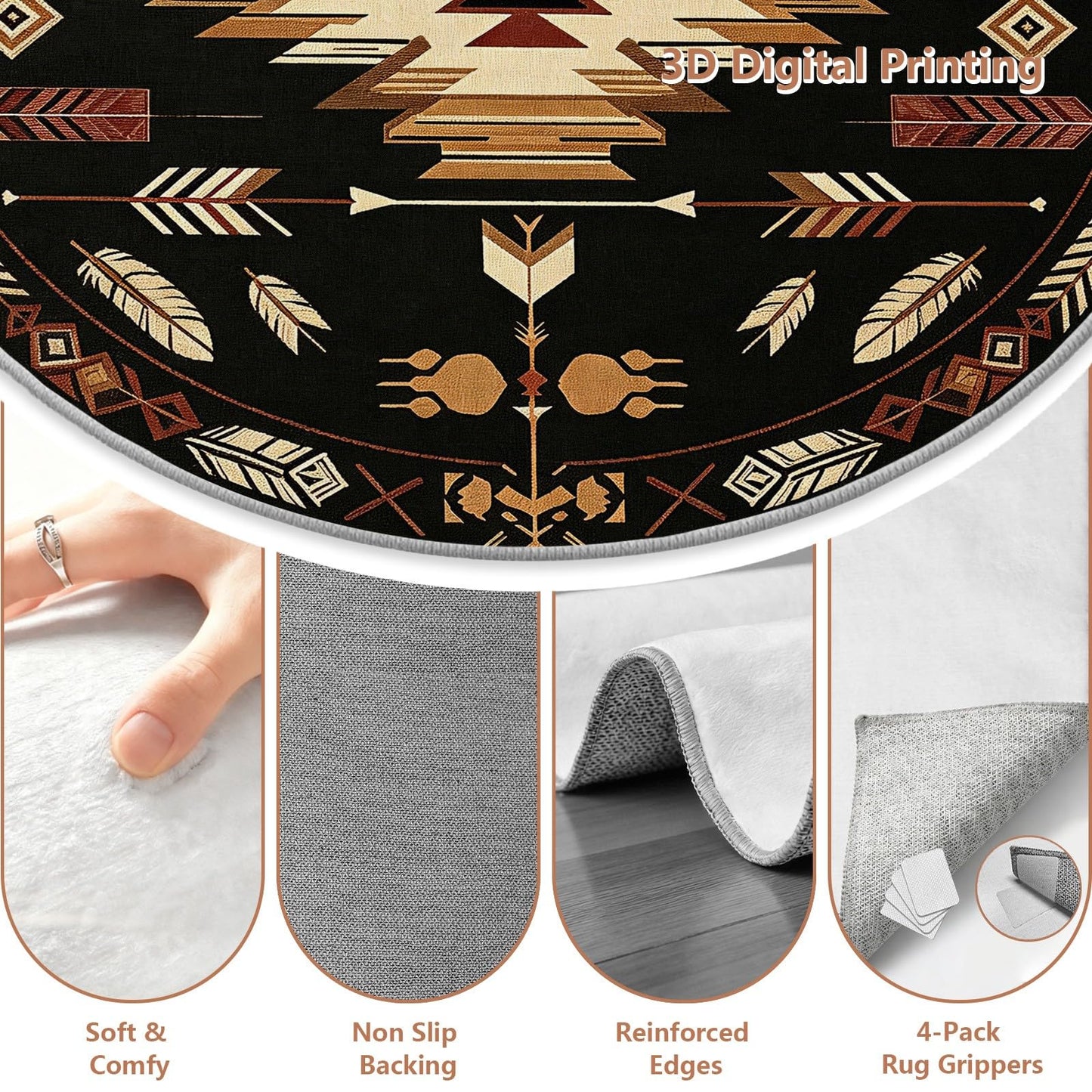 4ft Round Rug, Native American Circle Area Rug, Aztec Navajo Round Rugs for Living Room Bedroom, Indian Southwestern Tribal Circle Rugs for Dining Room Entryway Dorm, Washable Non-Slip Floor Mat