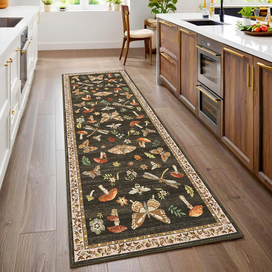 ROYHOME Mushroom Insect Washable Rug 2x6 Runners for Hallways, Boho Kitchen Runner Rugs Non Slip Bath Runner, Modern Bedroom, Soft Long Entryway Bathroom Laundry Dorm, Brown