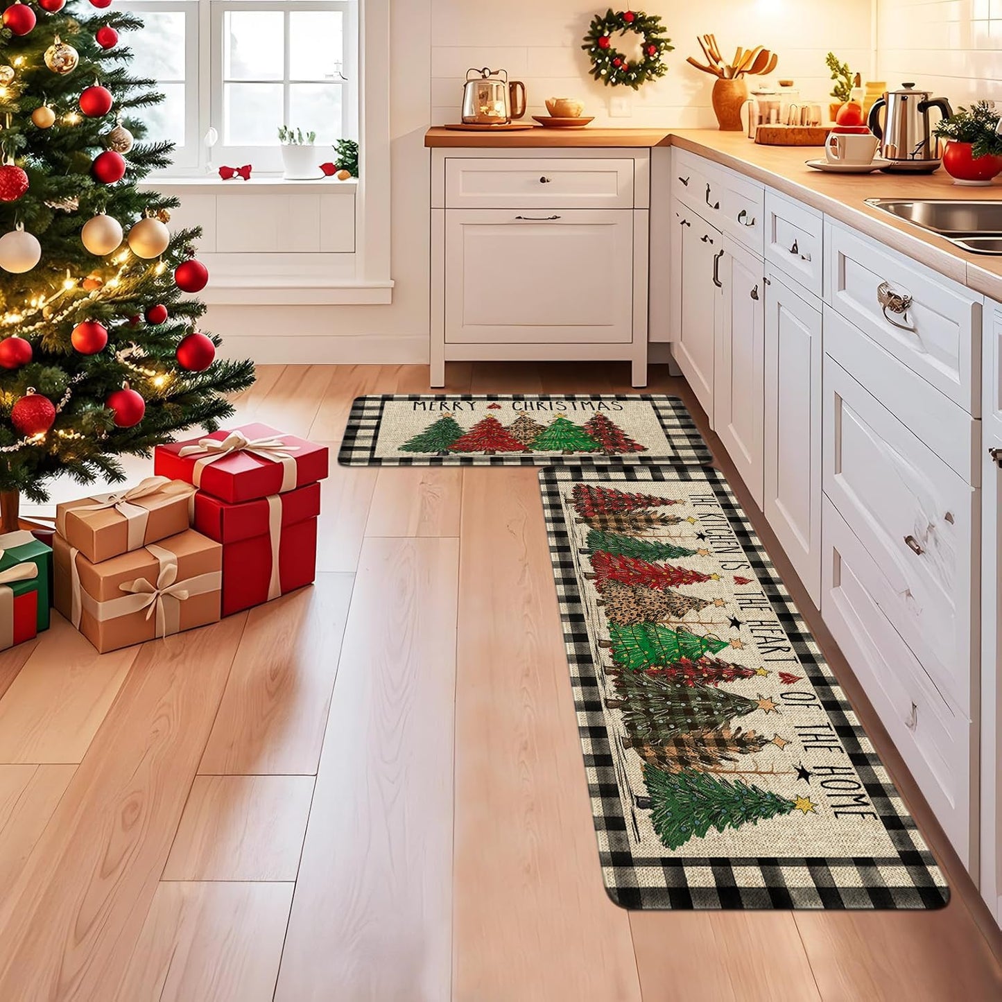 bchiijds Christmas Tree Kitchen Mat Decor, Black & White Buffalo Plaid Christmas Kitchen Rugs Set of 2 Non Slip Indoor Xmas Holiday Floor Mat Runner Rug Home Decorations