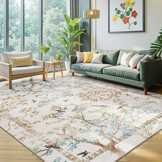 jinchan Yarden Botanical Birds 8x10 Ivory Area Rugs for Living Room Washable Non Slip Soft Nature Plants Modern Kids Carpet Vintage Ultra Thin Low Pile Indoor Rug for Bedroom Nursery Playroom