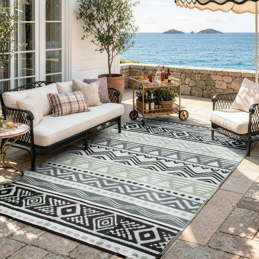 Lahome Outdoor Rug Waterproof, 5x8ft Reversible Outdoor Plastic Straw Rug for Camping, RV Patio Rugs Outside Carpet for Porch Deck Backyard Balcony Picnic(Grey/Black,5'x 8')