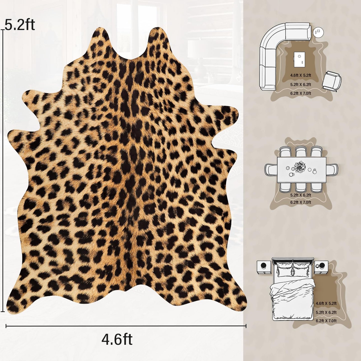 AROGAN Premium Leopard Print Rug 4.6x5.2 Feet, Machine Washable Faux Fur Cheetah Rug, Non-Slip Animal Print Hide Leopard Skin Area Rug for Bedroom Living Room Home Decor