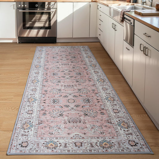 Runner Rug for Kitchen Hallway 2x6 Washable Non-Slip, Soft Boho Floral Carpet Low Pile Vintage Long Kitchen, Bedroom, Laundry, Bathroom, Living Room Rugs (Pink)