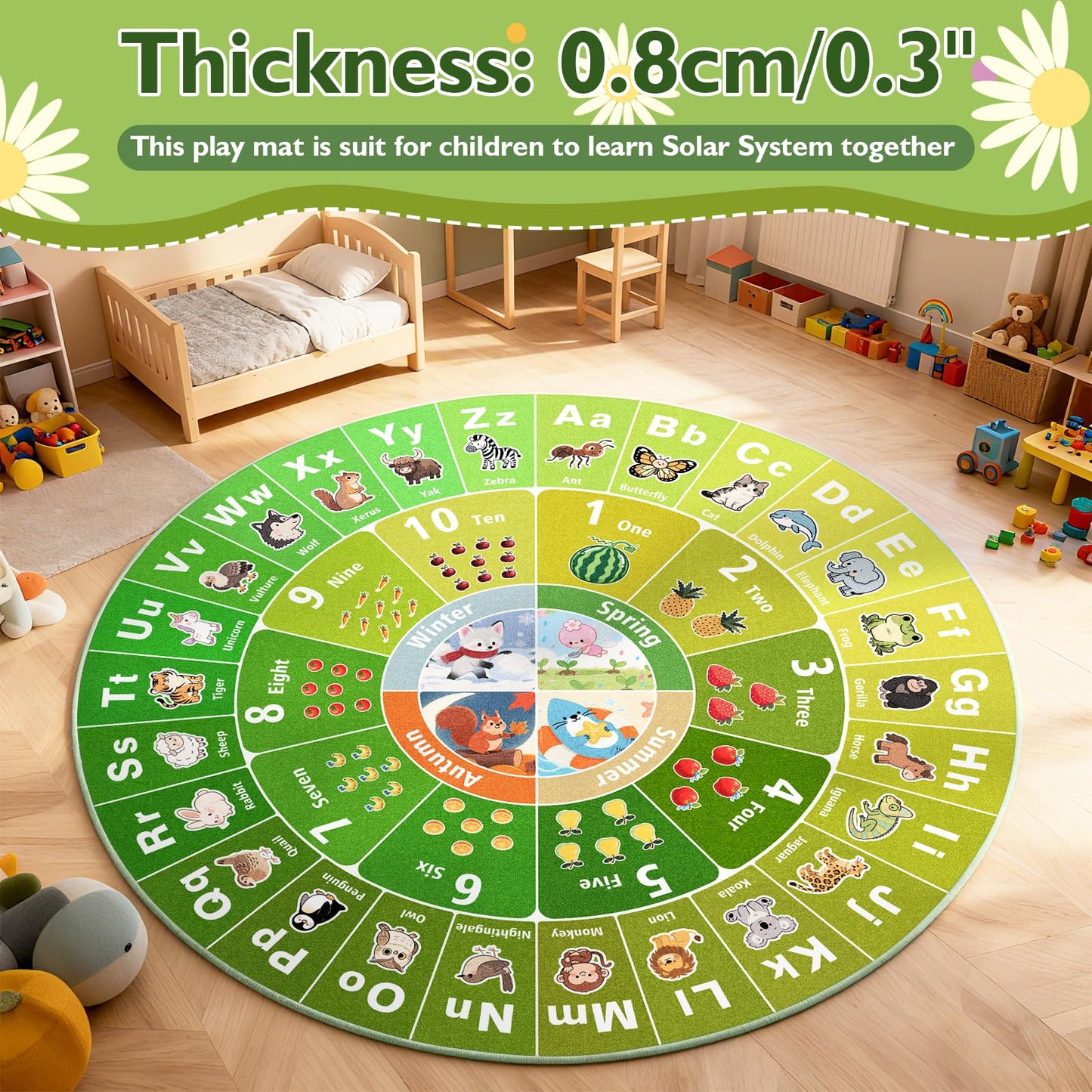 Kids Educational Area Rug for Playroom, 47x47'' Round ABC Alphabet Animals Fruits & Seasons Learning Rug,Non-Slip Soft Toddler Play Mat for Nursery Bedroom Classroom Kids Room Decor Washable Carpet