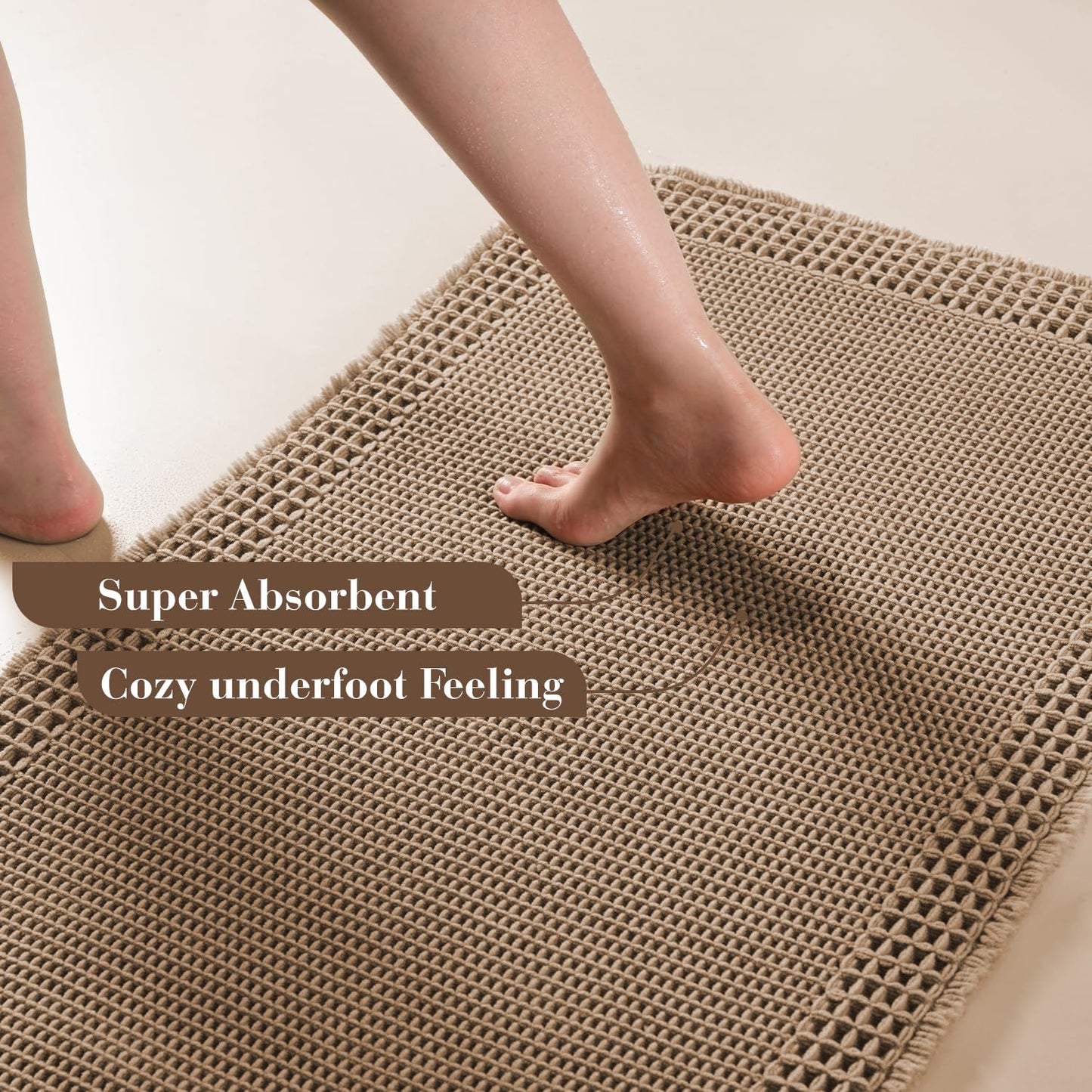 RESARE Waffle Bath Mat for Bathroom, Super Absorbent Bathroom Rugs Non Slip Machine Washable, Ultra Soft Quick Dry Boho Bath Rugs with Tassels, Farmhouse Home Decor Accessories, 17"x24" Brown