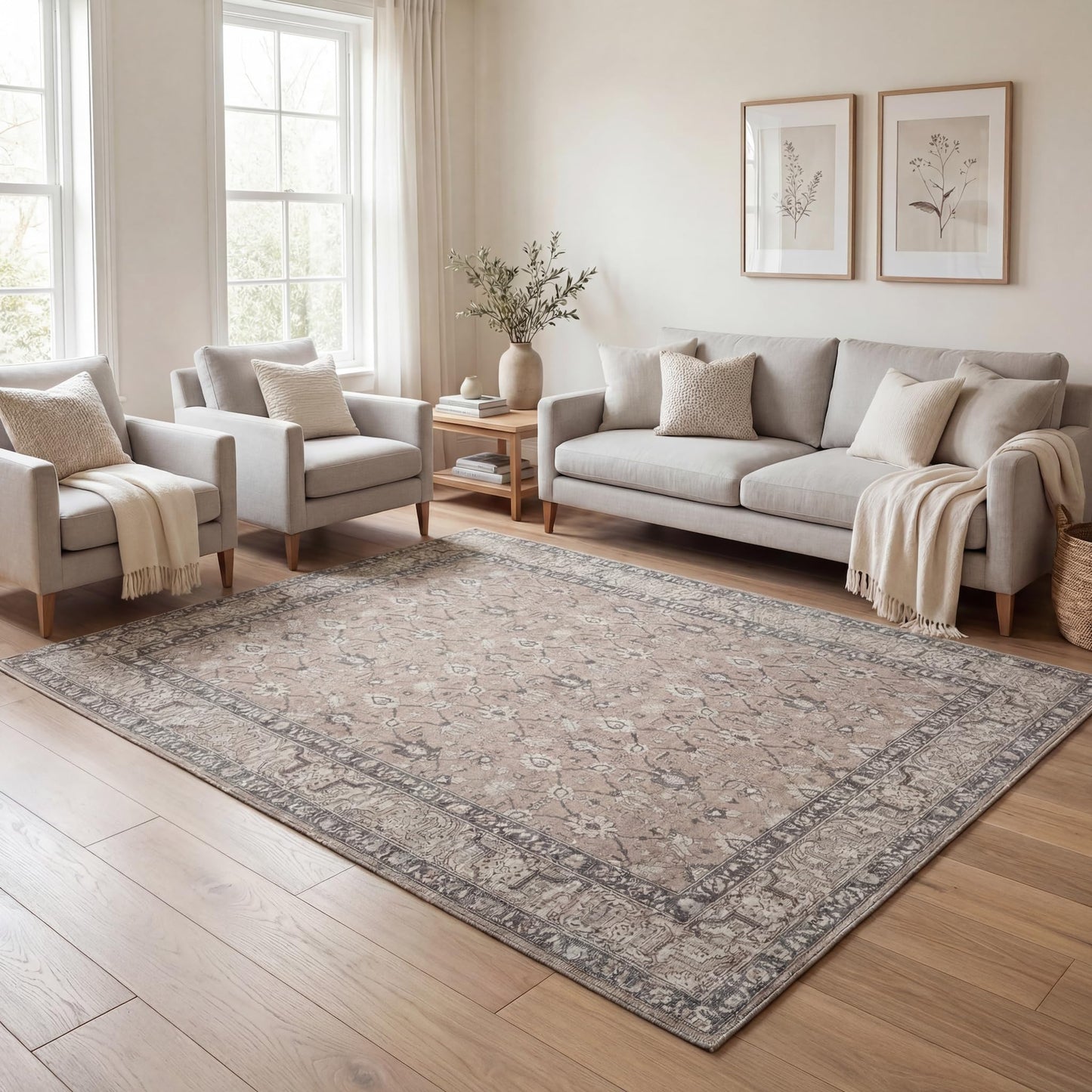 Kuden 5x7 Area Rug, Machine Washable Area Rug with Non-Slip Backing, Vintage Style, Soft, Easy Clean, Low Pile Rug for Living Room, Bedroom, Dining Room