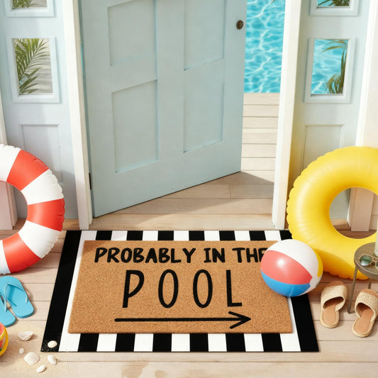 Tinideya 2 Pcs Summer Door Mat Probably in the Pool Welcome Non Slip Coir Mats Floor Layering Black and White Strips Doormats Seasonal for Front Porch Entryway Decor(Pool)