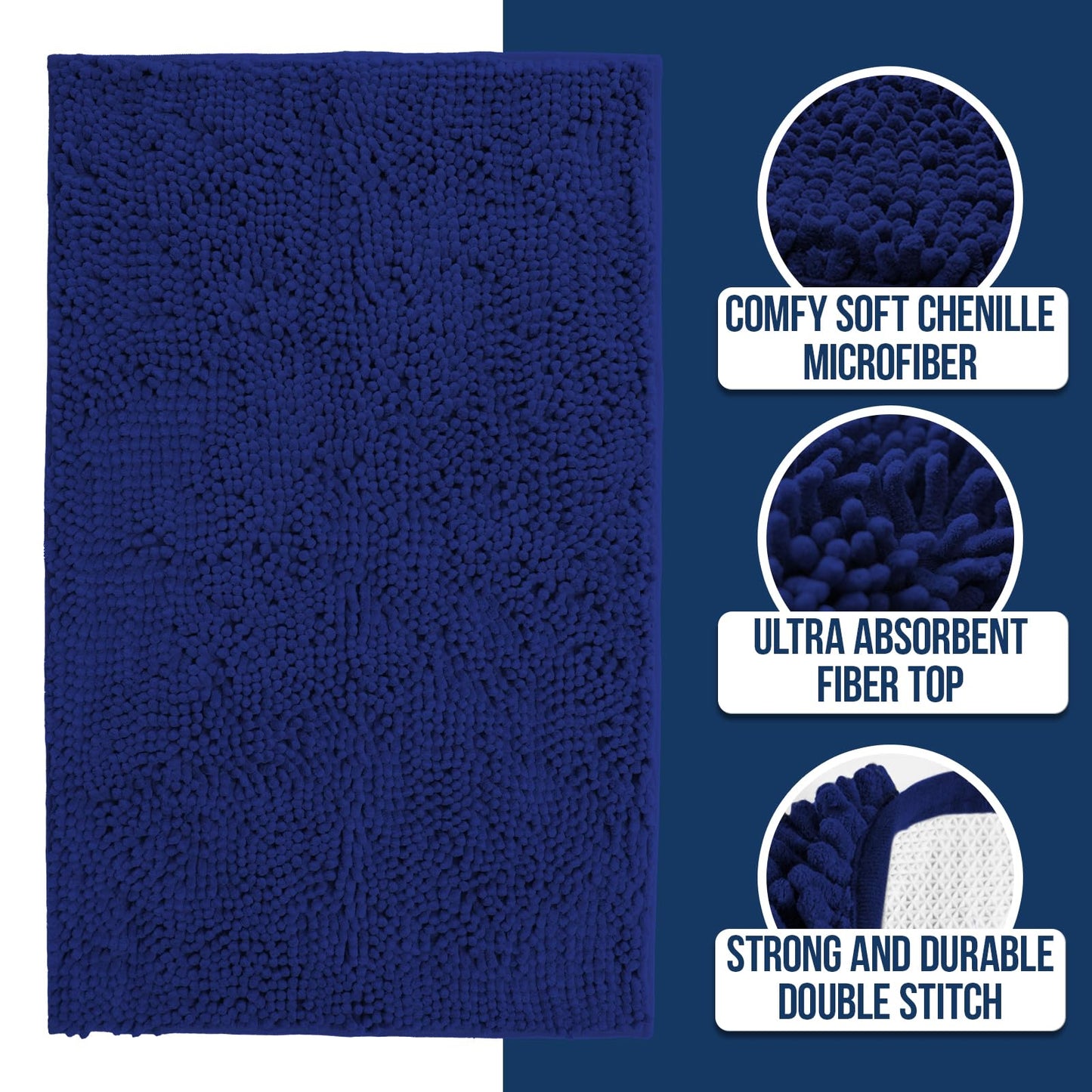Muddy Mat® | Chenille Bathroom Rugs Quick Dry Microfiber Mats Non Slip Washable, Extra Thick, Soft and Highly Absorbent Bath Mats for Bathroom, Kitchen, and Shower Floor - Navy Blue 19"x30"