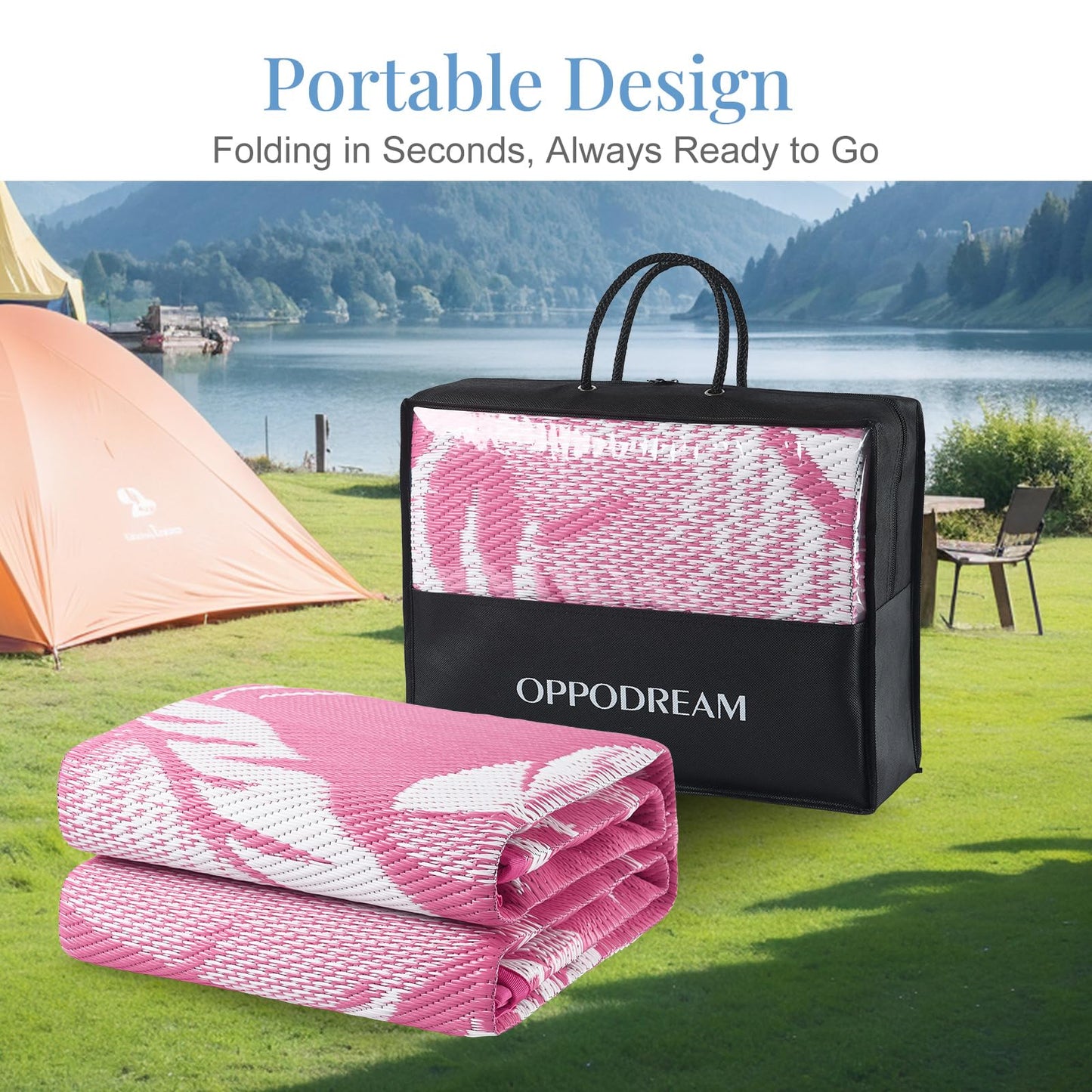 OPPODREAM Reversible Outdoor Rug 5x7, Waterproof Outdoor Plastic Straw Rug for Patio, Tropical Leaf RV Camping Rugs for Outside, Deck, Balcony, Porch, Backyard, Camping, Rv, Pink and White