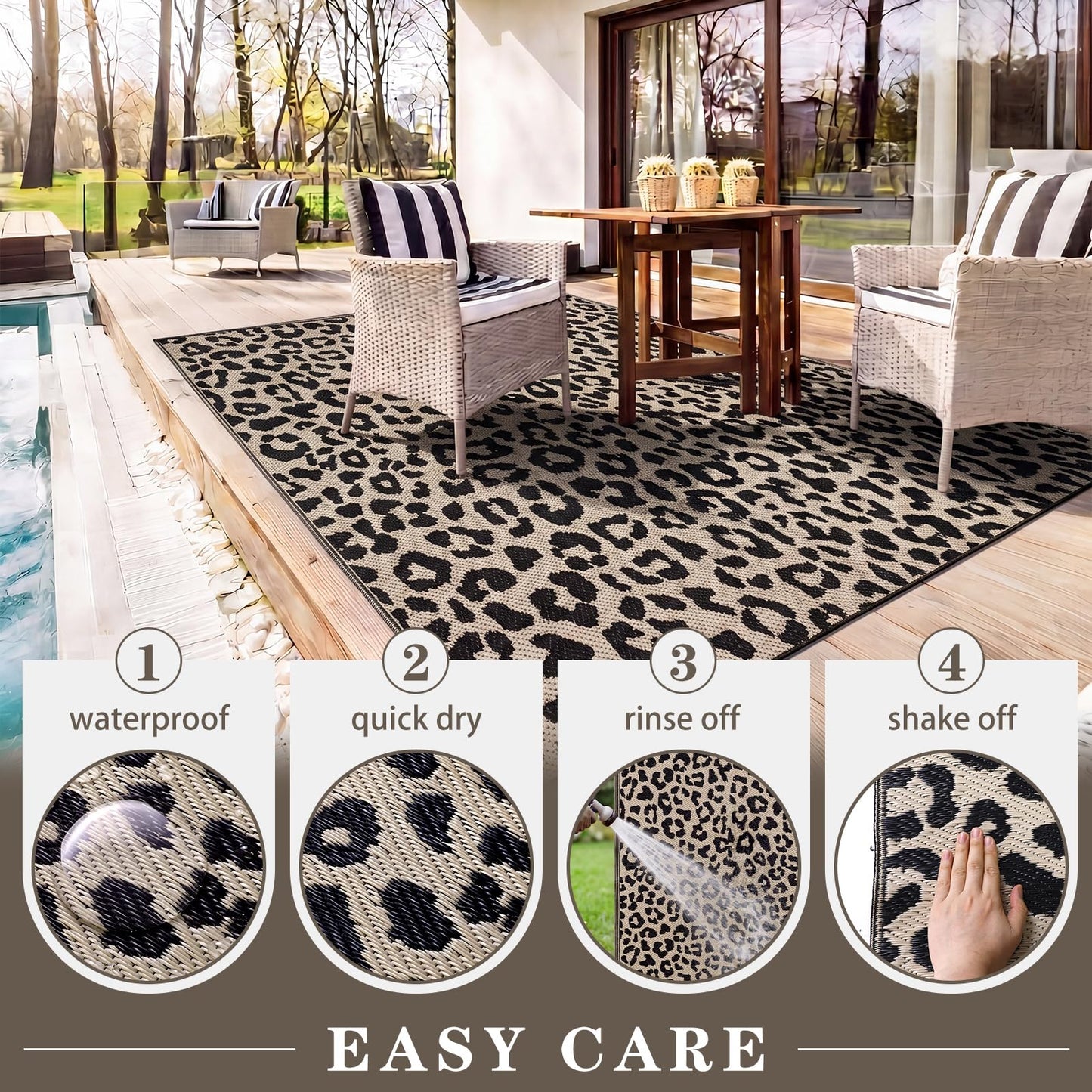 Klyyo Clyro Leopard Print Outdoor Rug 5 x 8 ft, Brown Black Plastic Straw Woven Camping Mat, Reversible Foldable RV Patio Rug for Deck, Porch, Backyard, Picnic