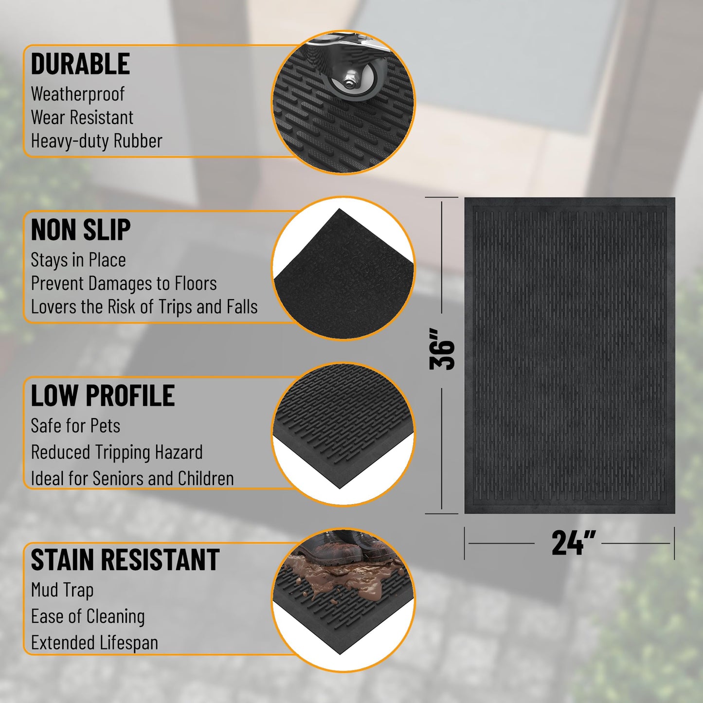Ottomanson Waterproof Rubber Outdoor Doormat – Heavy-Duty Non-Slip Rubber Floor Mat with Ridge Scraper Pattern, All-Weather Front Door Entry Mat for Mud & Dirt Control – 24" x 36", Black