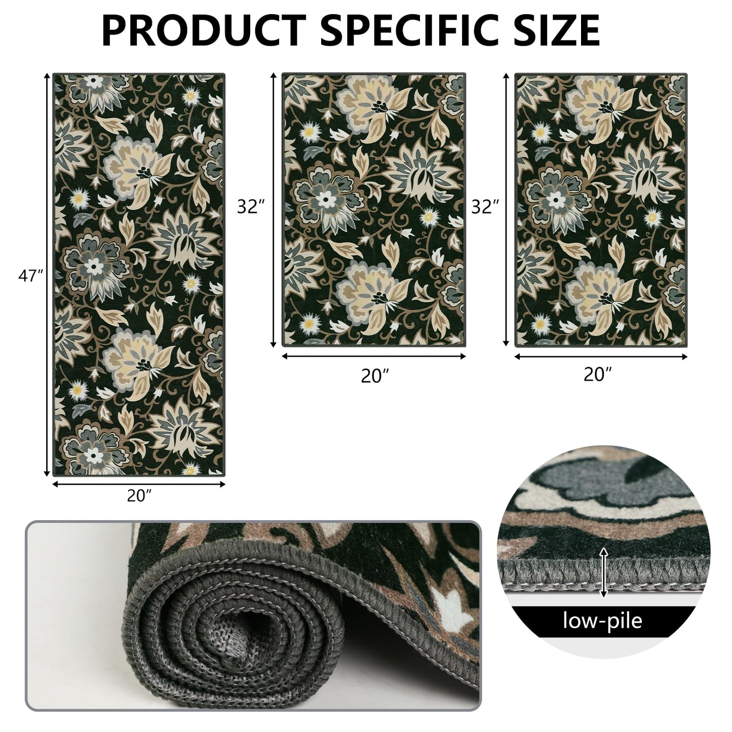 Homcomoda Boho 3 Piece Rug Set with Runner - Non Slip Floor Mats, Washable Kitchen Carpet Runner for Laundry, Hallway