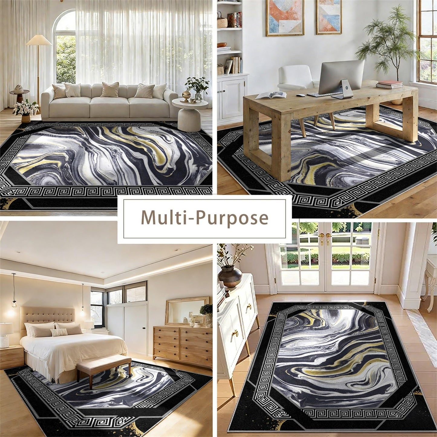 Black Gold Marble Abstract Area Rug 7x10ft, Modern Swirl Fluid Art Carpet with Greek Key Border, Luxury Non Slip Large Floor Rug for Living Room Bedroom Office Home Decor