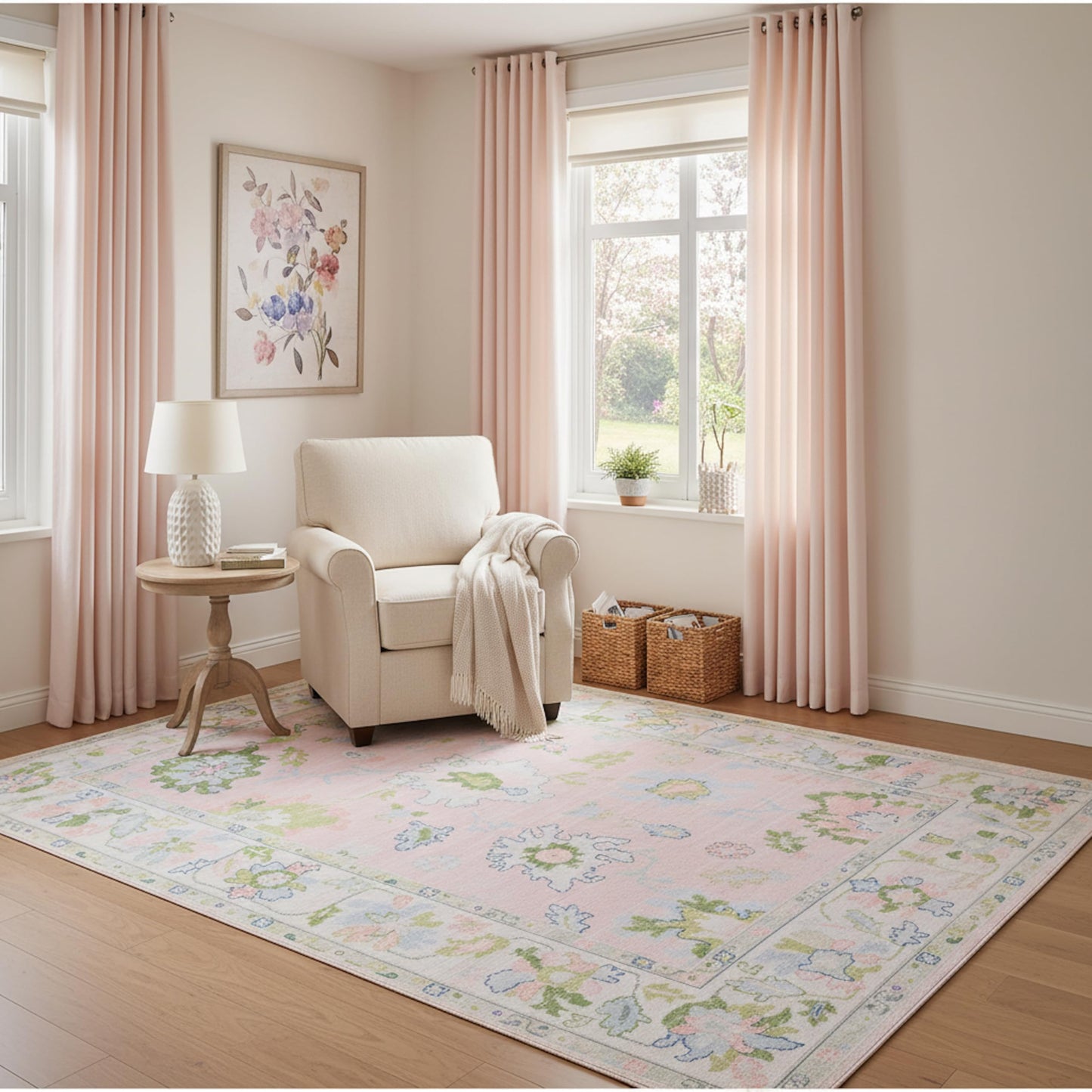 Oriental Weavers Addison ADD04 Machine Washable Flat Weave Printed Area Rug 5' x 7' in Pink/Green Traditional Style, Nursery, Kids Room, Bedroom, Entryway