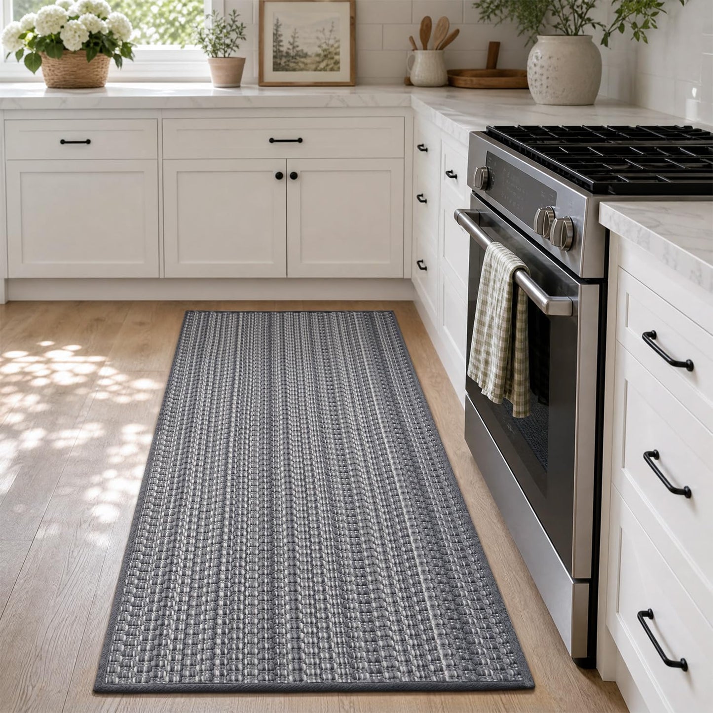 Thin Kitchen Rugs Non Slip Washable,Low Profile Kitchen Mats for Floor In Front of Sink,Dishwasher, Refrigerator, Tile & Hardwood Floors,Absorbent Easy Care Thin Runner Kitchen Floor Mat,17"*47",Grey