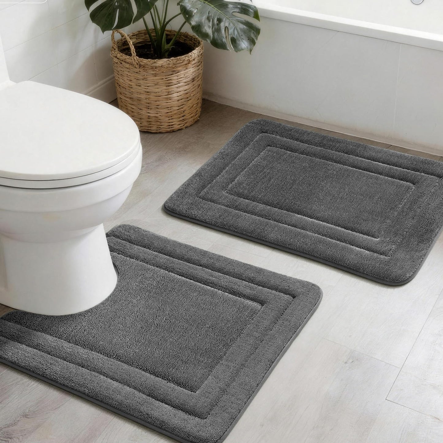 YIHOUSE Bathroom Rugs Sets 2 Piece, Towel-Like Soft Absorbent Thick High Density Memory Foam Bath Mat Set, Non-Slip Machine Washable Bath Rugs for Bathroom, Tub & Shower (24"x17"+24"x20"U, Dark Grey)